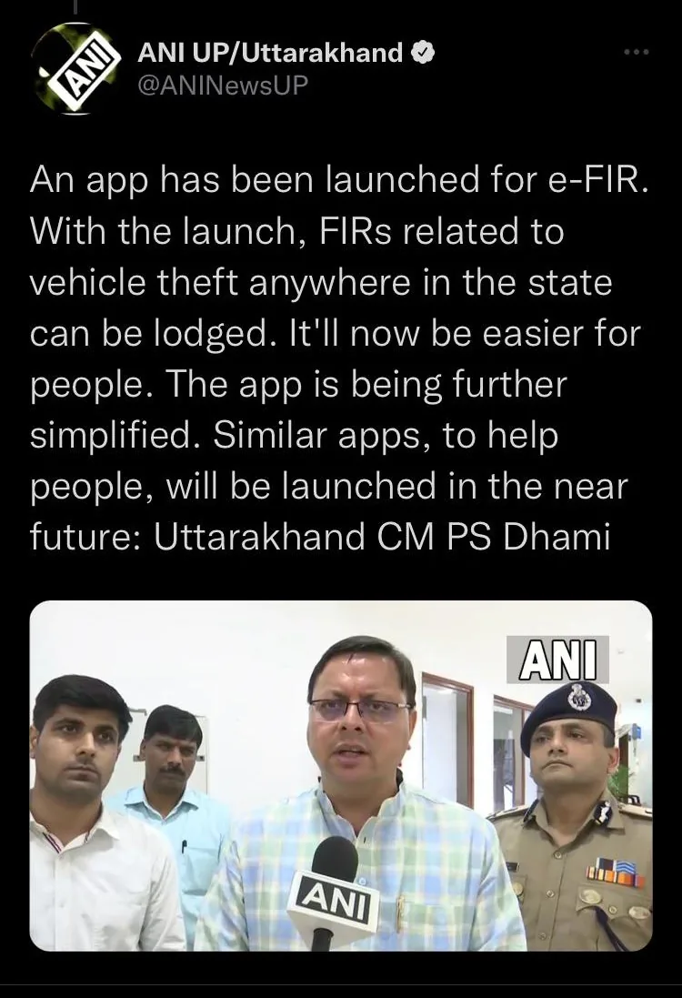 An App has been launched for e-FIR: Uttrakhand CM PS Dhami